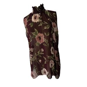 Rainbow Floral Sheer Chiffon Smocked Mock Neck Blouse Women's 1X New